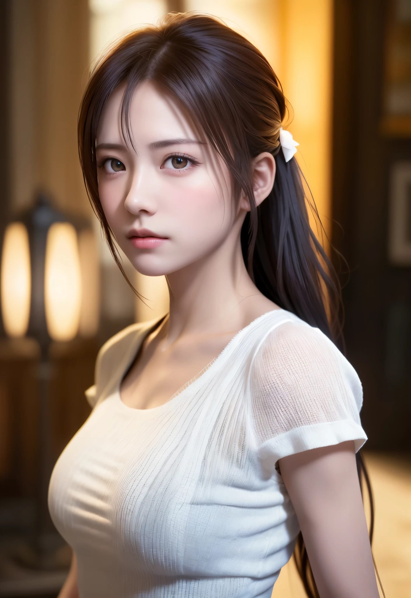 8K, of the highest quality, masutepiece:1.2), (Realistic, Photorealsitic:1.37), of the highest quality, masutepiece, Beautiful young woman, Pensive expression, Sweet look, Sexy white shirt、Hair tied back, Messy mood, Cinematic background, Tired, Light skin tone