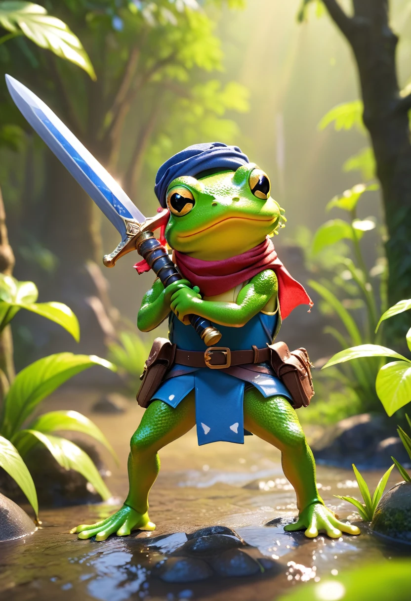 Esbian all over、Cool Frog、Pop Frog、Diorama、Simple Background、bandana、Holding a big sword in his hand、Brave、Best Quality, Capture the cutest moments, Depth of written boundary, Super detailed, Ultra-high resolution, Octadale, 8k, 16km race