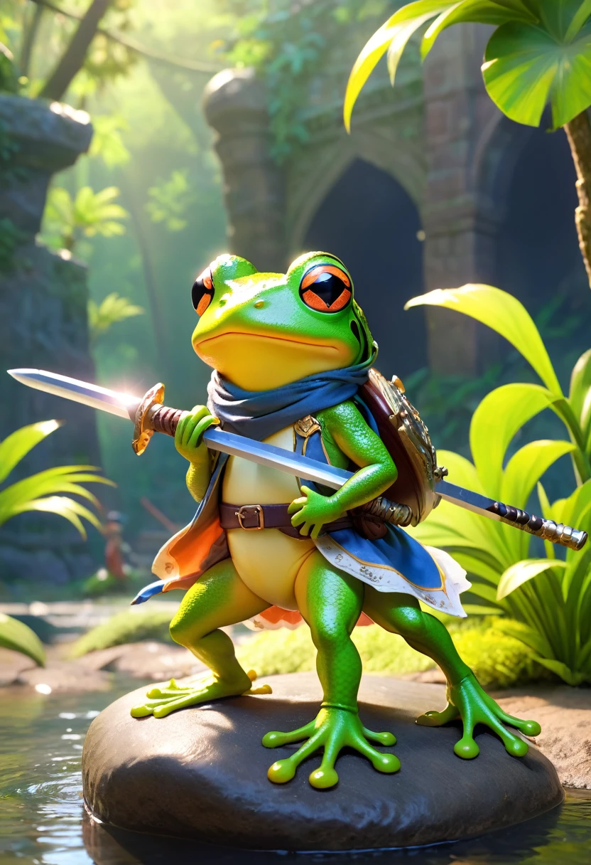 Esbian all over、Cool Frog、Pop Frog、Diorama、Simple Background、bandana、Holding a big sword in his hand、Brave、Best Quality, Capture the cutest moments, Depth of written boundary, Super detailed, Ultra-high resolution, Octadale, 8k, 16km race