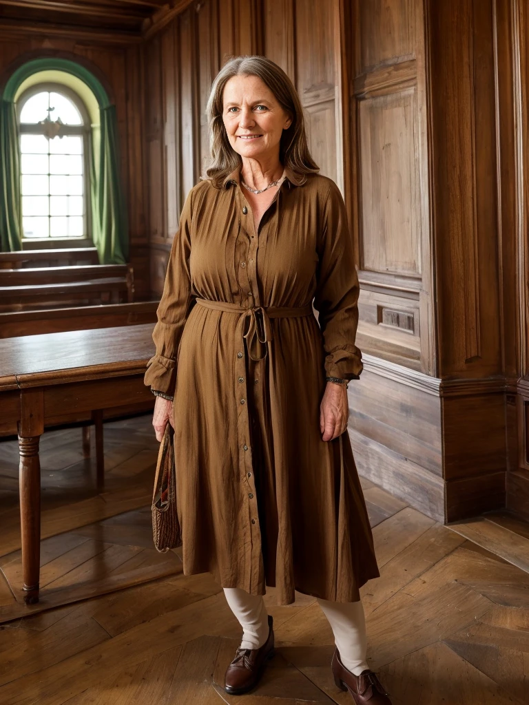 Margaretha Krook, her name is Agneta, high quality, 1 old woman, ((55-year-old plump swedish woman)), ((55 years old)), (((wrinkled body))), ((long brown hair)), ((green eyes)), no make up, (pale skin), dynamic pose, she is wearing fashionable and stylish swedish Generation X wear different color, happy, exuberant, BACKGROUND: indoor: Vasa Museum, Stockholm