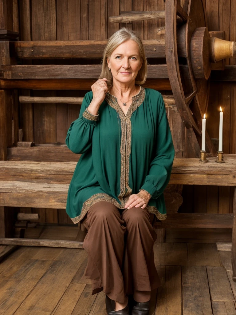 Margaretha Krook, her name is Agneta, high quality, 1 old woman, ((55-year-old plump swedish woman)), ((55 years old)), (((wrinkled body))), ((long brown hair)), ((green eyes)), no make up, (pale skin), dynamic pose, she is wearing fashionable and stylish swedish Generation X wear different color, happy, exuberant, BACKGROUND: indoor: Vasa Museum, Stockholm