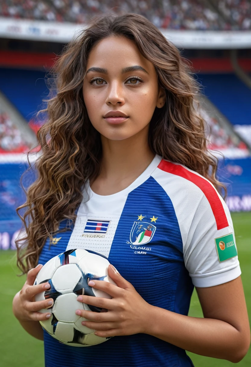 8k, extremely detailed hand and face, clear grey eyes, beautiful mixed girl, Long slightly wavy hair, extremely detailed full curvy body, beautiful chest,football, Euro Championship, sexy France jersey, stadium, vibrant colors, natural lighting, (best quality,4k,,highres, masterpiece:1.2),ultra-detailed,(realistic,photorealistic,photo-realistic:1.37),portrait,landscape
