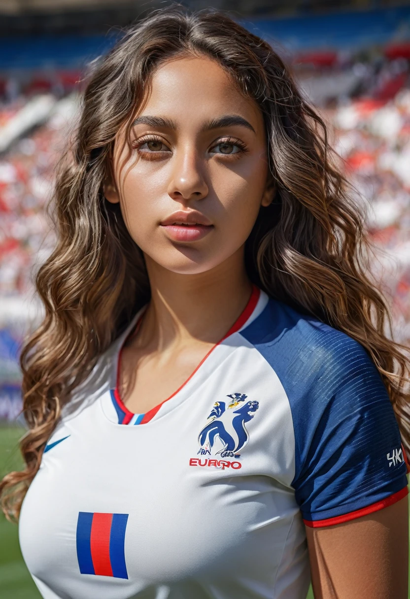 8k, extremely detailed hand and face, clear grey eyes, beautiful mixed girl, Long slightly wavy hair, extremely detailed full curvy body, beautiful chest,football, Euro Championship, sexy France jersey, stadium, vibrant colors, natural lighting, (best quality,4k,,highres, masterpiece:1.2),ultra-detailed,(realistic,photorealistic,photo-realistic:1.37),portrait,landscape