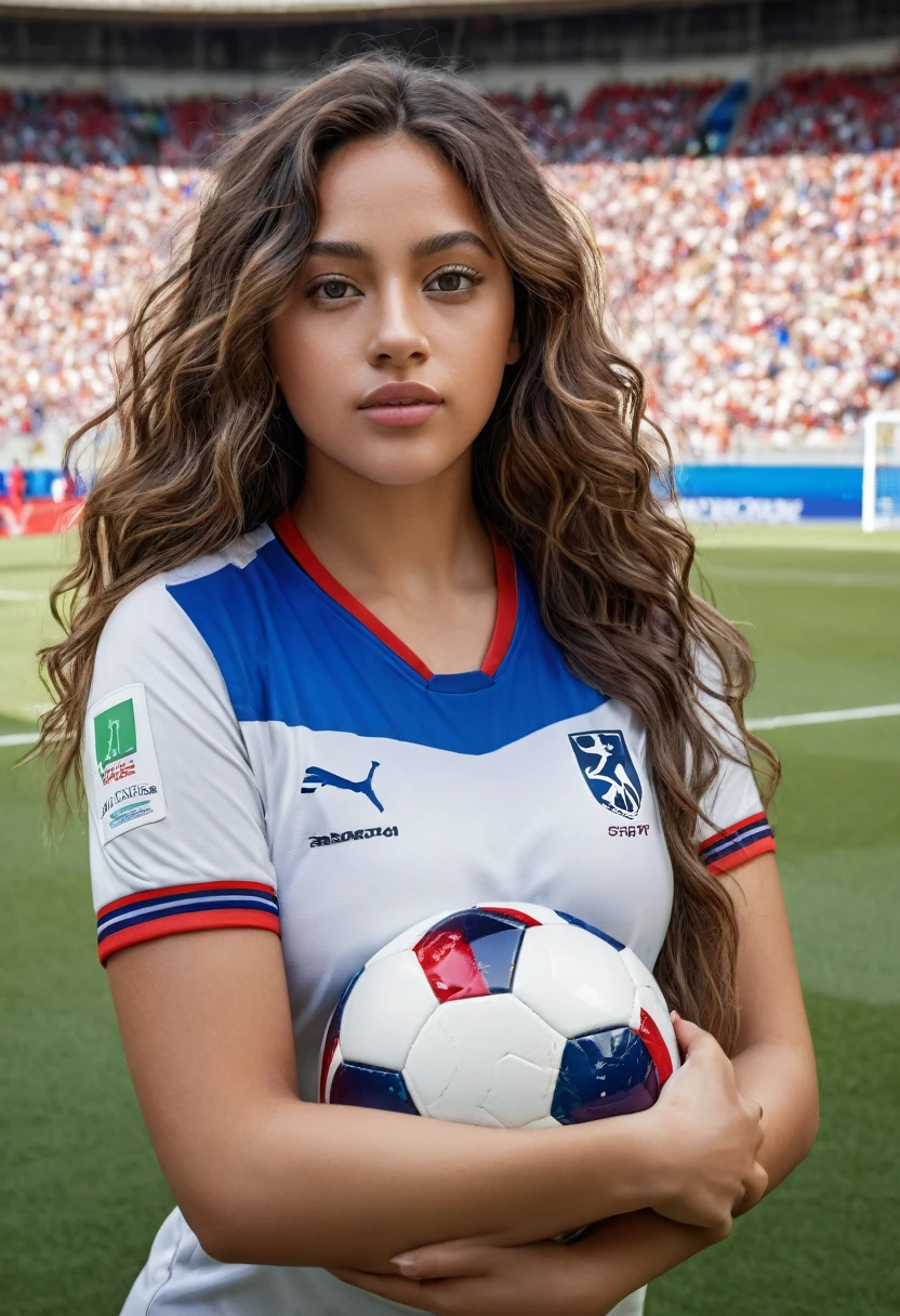 8k, extremely detailed hand and face, clear grey eyes, beautiful mixed girl, Long slightly wavy hair, extremely detailed full curvy body, beautiful chest,football, Euro Championship, sexy France jersey, stadium, vibrant colors, natural lighting, (best quality,4k,,highres, masterpiece:1.2),ultra-detailed,(realistic,photorealistic,photo-realistic:1.37),portrait,landscape