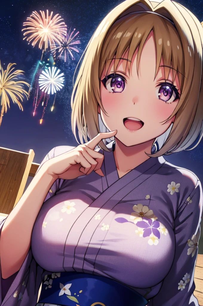 (masterpiece:1.3), (best quality:1.1), (8k, ultra detailed, ultra high res:1.2), ((anime style)), (perfect 5 fingers, perfect anatomy:1.1), 
1girl,
Kushida Kikyou, smile, open mouth, 
BREAK short hair, bronze hair, purple eyes,
BREAK large breasts, looking at viewer, cowboy shot, BREAK detail background, outdoor, outside, (floral pattern yukata:1.2), (late night:1.1), sky, (fireworks in night sky:1.1), (night sky:1.1), big fireworks, 