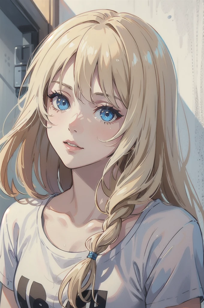 ((best quality)), ((masterpiece)), (detailed), one girl with long blond hair in white t-shirt, face covere in cum, blue eyes, drunk eyes