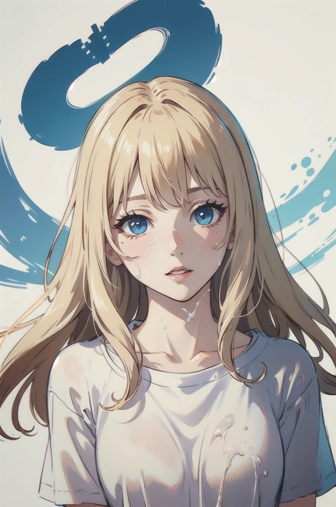 ((best quality)), ((masterpiece)), (detailed), one girl with long blond hair in white t-shirt, face covere in cum, blue eyes, drunk eyes