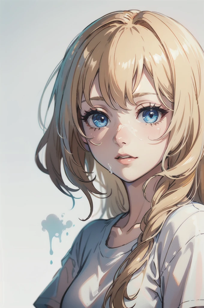 ((best quality)), ((masterpiece)), (detailed), one girl with long blond hair in white t-shirt, face covere in cum, blue eyes, drunk eyes