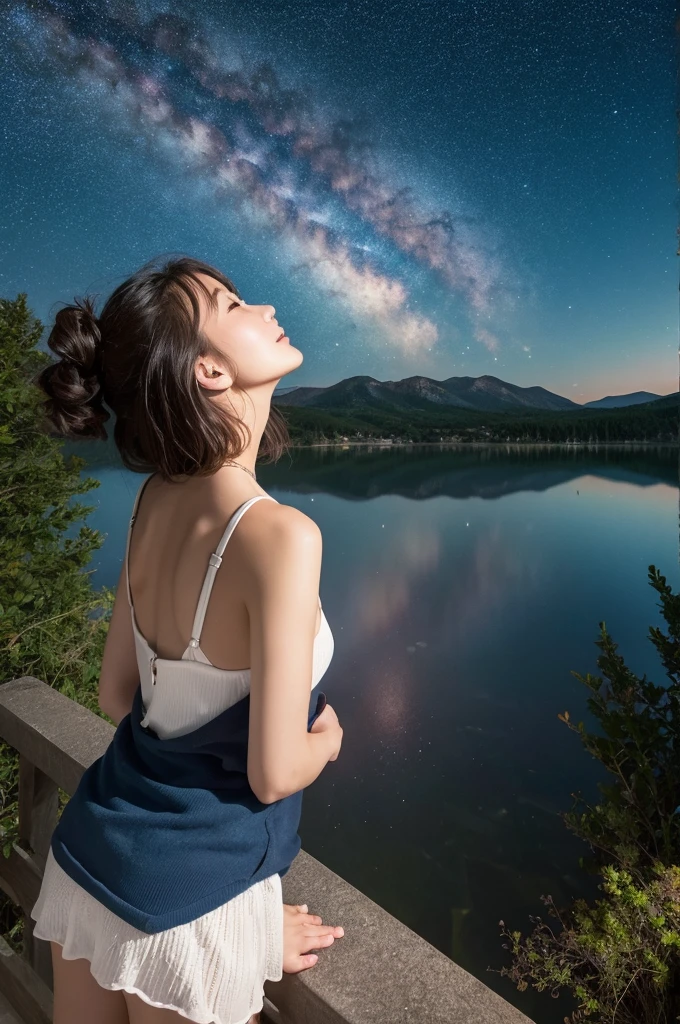 Lake,Starry Sky,Woman looking up at the sky、Shrug、Back view、high resolution、