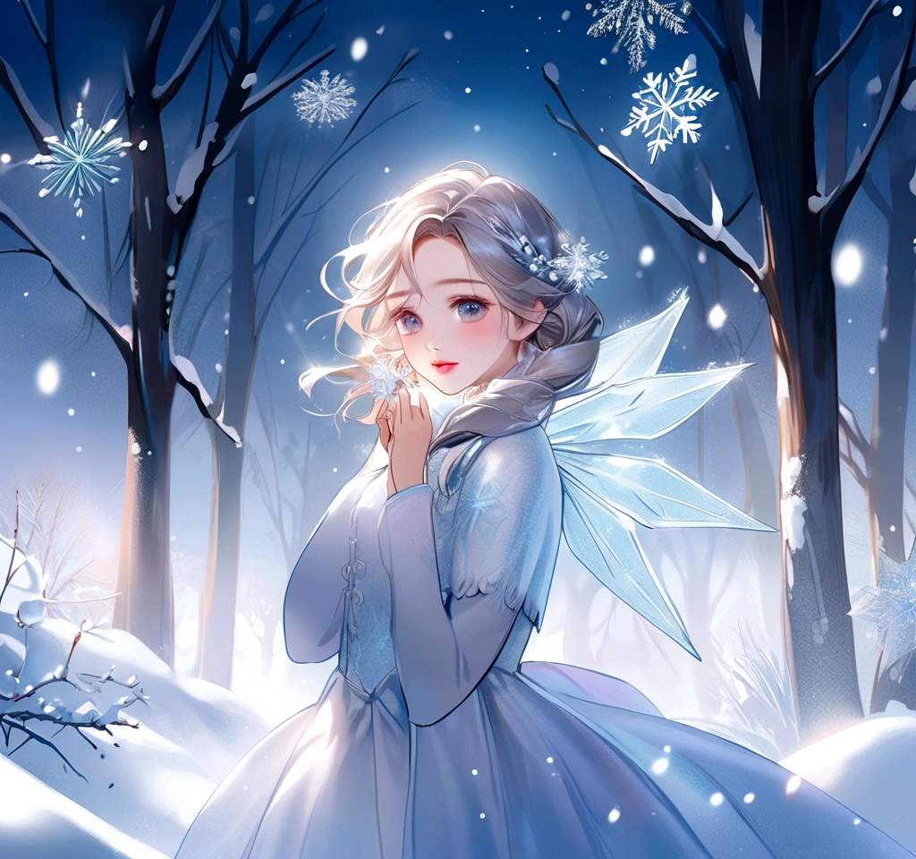 (best quality,highres:1.2,8k, ultra-detailed:1.2,masterpiece:1.2),snow fairy, hugged a snowflake that was too big to hold and smiled gently , beautiful delicate(face,hair,eyes,lips,clothes),blushed warm face,active poseing,shimmering snowscape,magical winter scene,frozen environment,frosty trees,glistening icicles,snow-covered landscape,sparkling snowflakes,ethereal beauty,winter wonderland,enchanted atmosphere,mysterious aura,fairytale-like setting,soft and delicate features,crystal-clear vision,floating gracefully,mesmerizing gaze,airy spirit,captivating presence,elegant snowflake patterns,dainty and intricate details,subtle shades of white,glimmering reflections,soft and gentle lighting