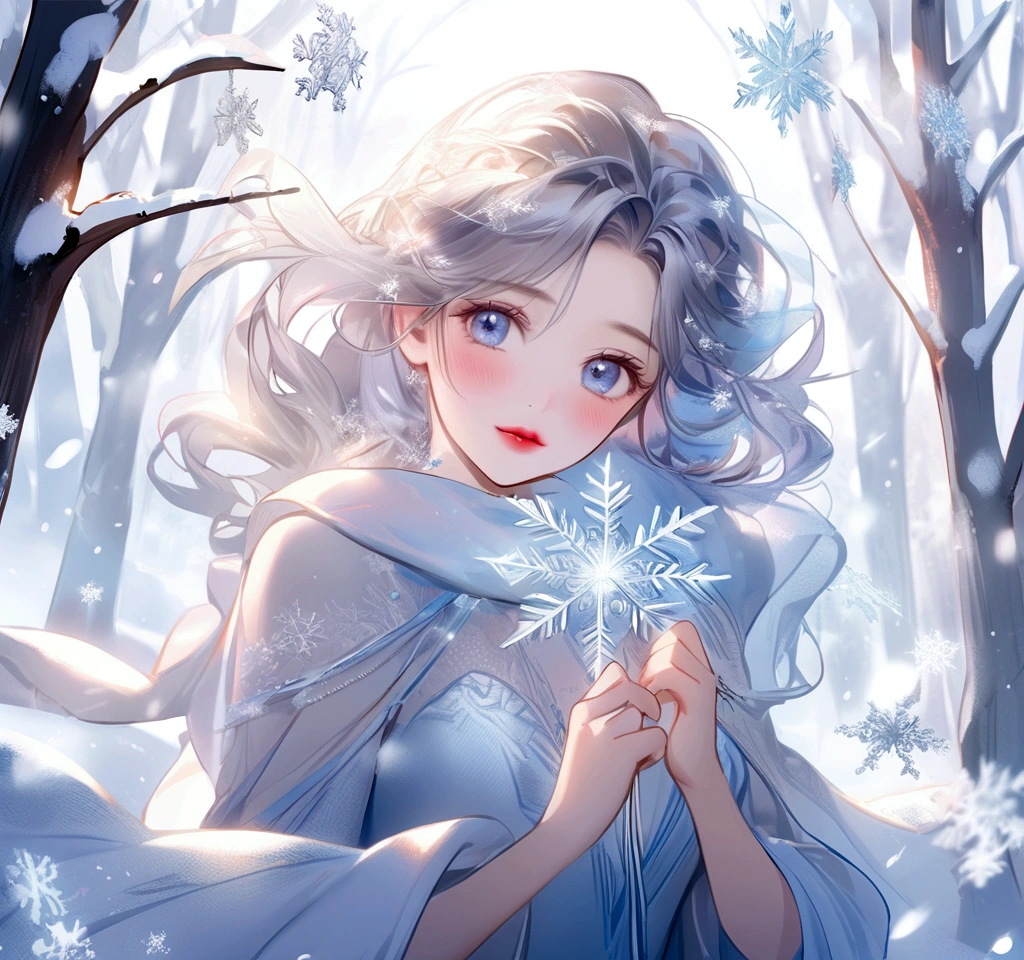 (best quality,highres:1.2,8k, ultra-detailed:1.2,masterpiece:1.2),snow fairy, hugged a snowflake that was too big to hold and smiled gently , beautiful delicate(face,hair,eyes,lips,clothes),blushed warm face,active poseing,shimmering snowscape,magical winter scene,frozen environment,frosty trees,glistening icicles,snow-covered landscape,sparkling snowflakes,ethereal beauty,winter wonderland,enchanted atmosphere,mysterious aura,fairytale-like setting,soft and delicate features,crystal-clear vision,floating gracefully,mesmerizing gaze,airy spirit,captivating presence,elegant snowflake patterns,dainty and intricate details,subtle shades of white,glimmering reflections,soft and gentle lighting