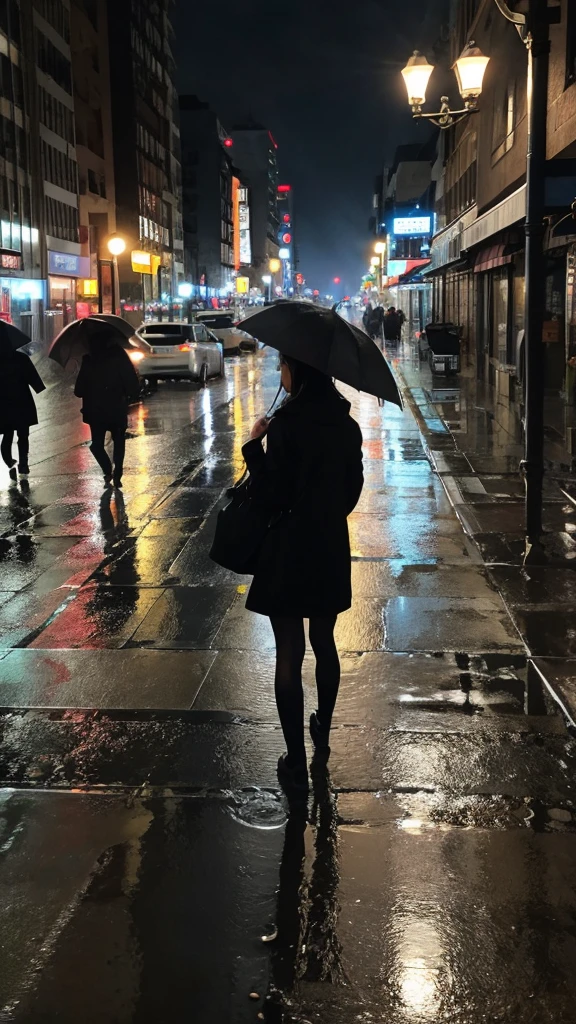 A rain-soaked sidewalk City of night