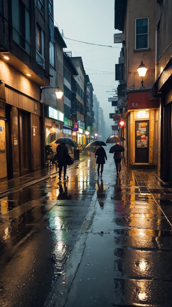 A rain-soaked sidewalk City of night