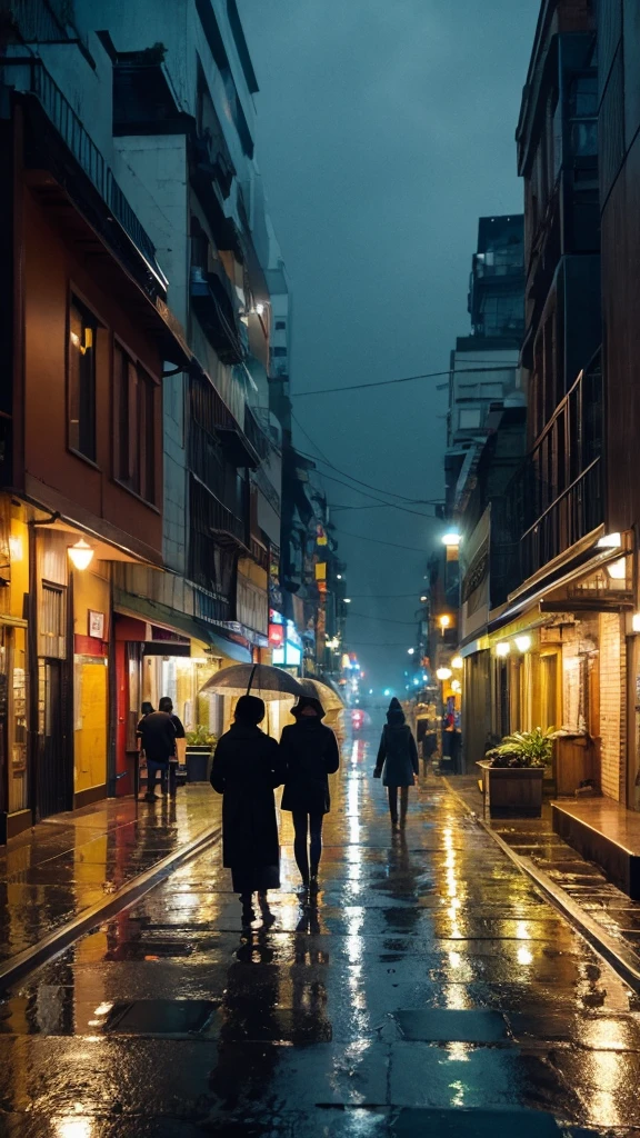 A rain-soaked sidewalk City of night