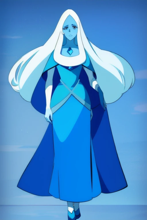(8k) (high res) (best quality) (masterpiece) blue_diamond, white hair,long hair, blue skin,colored skin, blue eyes, gem, blue dress, long skirt, lake, blue cloak, cape, zoom out,