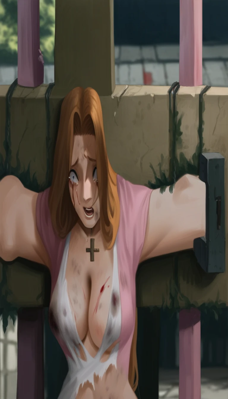 highest quality,masterpiece,uhd, Super detailed, 8K,(Beautiful woman),(A Beautiful Woman),((crucifixion:1.5)),(((cross))),(execution),((incontinence)),scared,torture,slave,((Woman in crucifixion at the cross:1.5)),crucifixion刑,((Rangiku Matsumoto:1.5)), white bikini,((Torn clothes:1.5)),((Tearing of clothes:1.5)),(tattered clothes:1.5),Beaten face,顔にtraces of being beaten,((bruises on body)),scars on body,injured face and body,(Bruise, dirty, torn clothes, revealing clothes, Blood:1.3),traces of being beaten,Defeated heroine,a devastated world,ruins,abandoned building,(burning at the stake),((roasted over fire:1.2)),inflammation,(Inflammation),Inflammation at my feet, very accurate