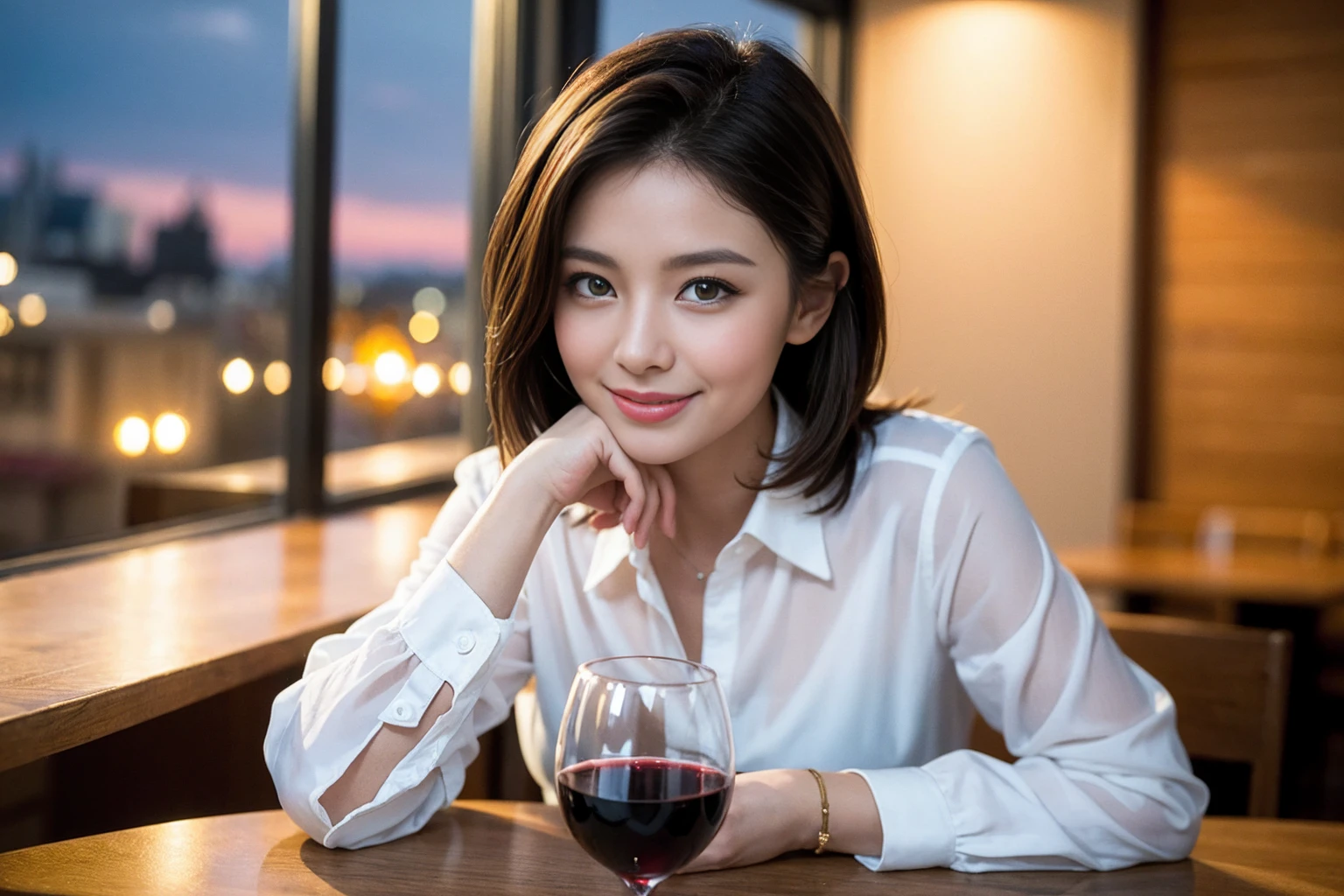 ((Highest quality、8K、masterpiece:1.3))、slimカップル、modelカップル、(Realistic, Intricate details:1.2), full-course dinner、Wine Party、Amazing view of the sunset sky and clouds、A bright smile、The wonderfulness of smile、Bright image、The beauty of wine, Beautiful Face, blue eyes, The light shines on your face, Blushing, short hair,Bright Face、 (Age 37), 39 years old, red wine 、Appetizers、Italian food、Wine bottle、Champagne、sparkling wine、Two beauties、Brown Hair、Shortcuts、Long sleeve shirt、dress、Beautiful woman 1, (slimな顔), (The body is slim), (Brown Hair), (Shortcuts), cheeks turn a little red,Attractive beauty、restaurant, In a prominent place (From the waist up) Nova Frog Style, actress, model, Upper Body, White wine, slim, wine glass, 中央に置かれたwine glass, smile, (smile: 1.15), Beautiful fine grain, Depth f/2,saturation, High Contrast, Strong light and shadow,Moist Body:1.5、3D texture、Delicate eyes、Brown Hair、The hair is very shiny、