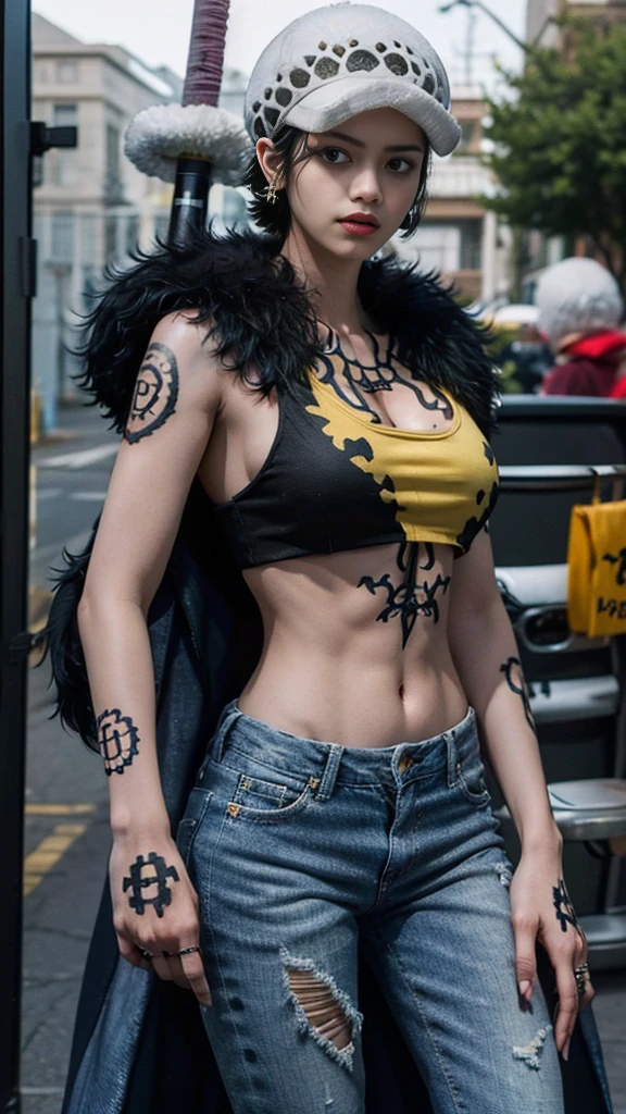 masterpiece, Highest quality, 8K,Highest Resolution, Absurd, Very detailed, Female Trafalgar Law, One girl, 1 Sword, alone, View your viewers, short hair, Medium chest, Have, belly button, Cleavage, clavicle, Earrings, abdomen, pants, coat, Fur trim, denim, jeans, Shoulder Tattoo, Hand tattoos, Finger Tattoos, black fur-trimmed coat, coat on shoulders, Yellow Tank Top,///,Random Face,