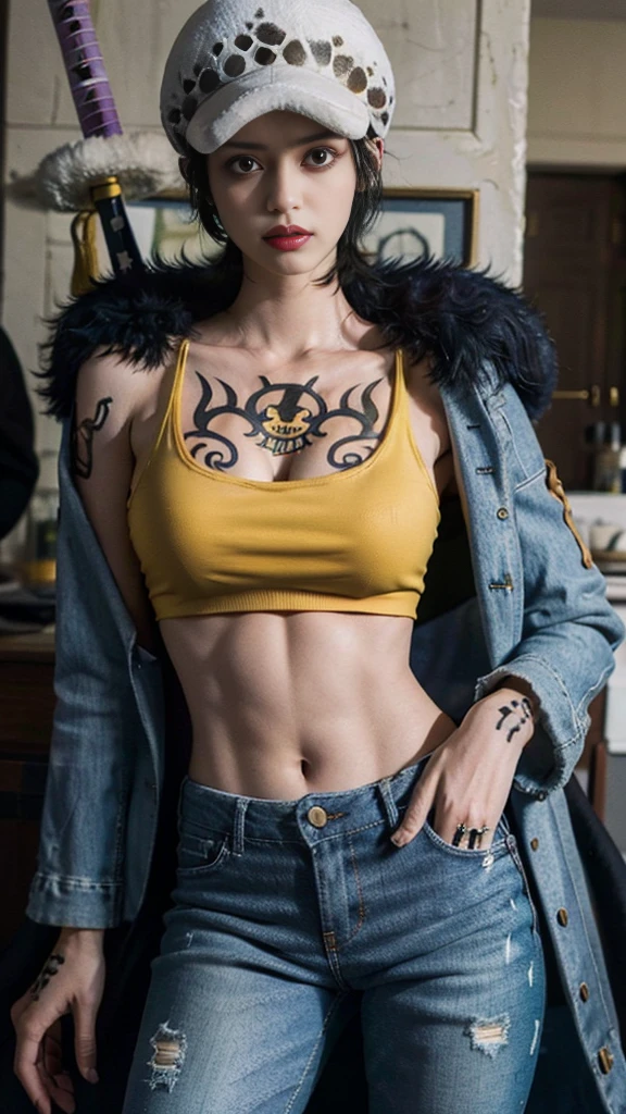 masterpiece, Highest quality, 8K,Highest Resolution, Absurd, Very detailed, Female Trafalgar Law, One girl, 1 Sword, alone, View your viewers, short hair, Medium chest, Have, belly button, Cleavage, clavicle, Earrings, abdomen, pants, coat, Fur trim, denim, jeans, Shoulder Tattoo, Hand tattoos, Finger Tattoos, black fur-trimmed coat, coat on shoulders, Yellow Tank Top,///,Random Face,