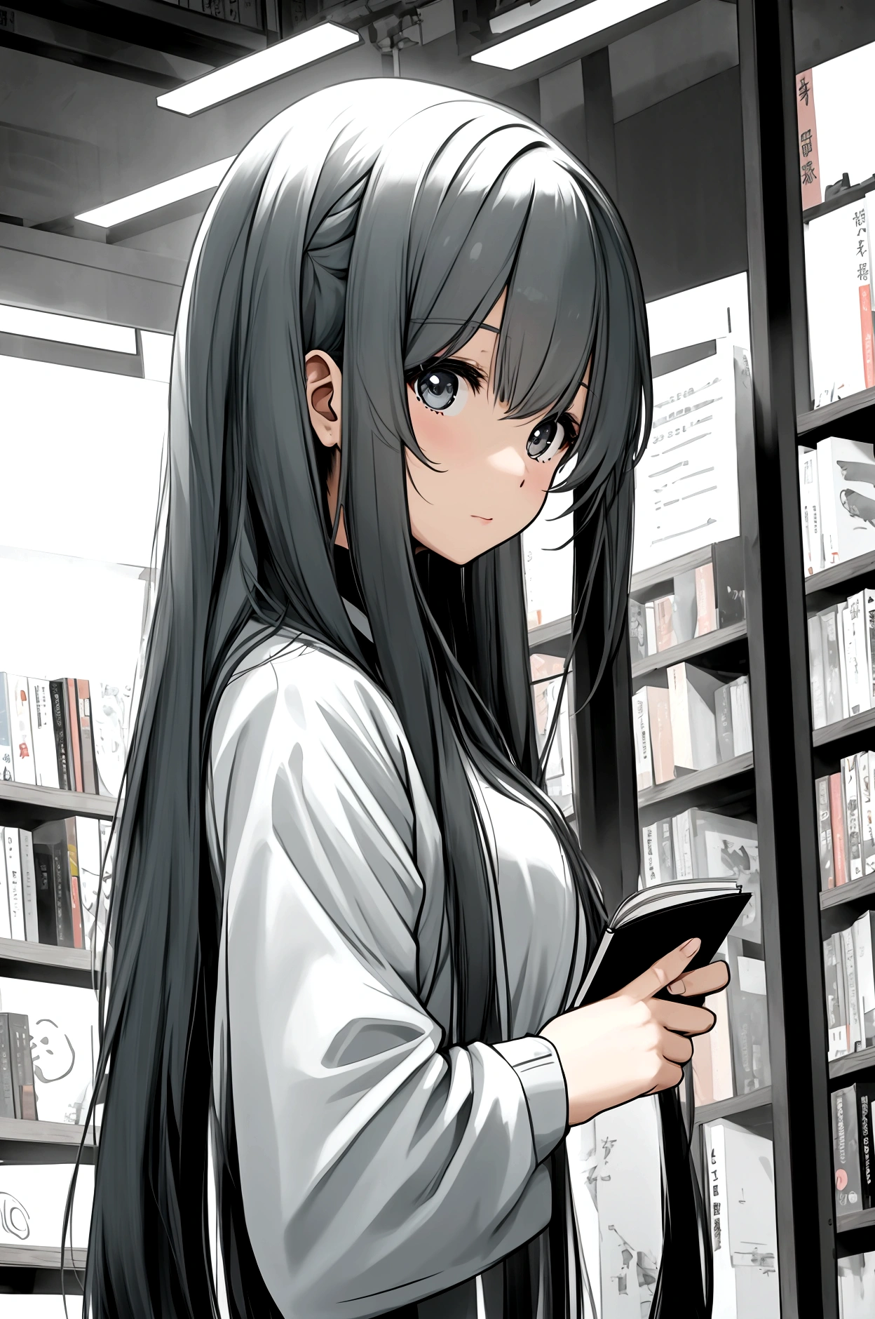 Please draw a picture of a cute girl。My hobby is reading。Hair is semi-long。