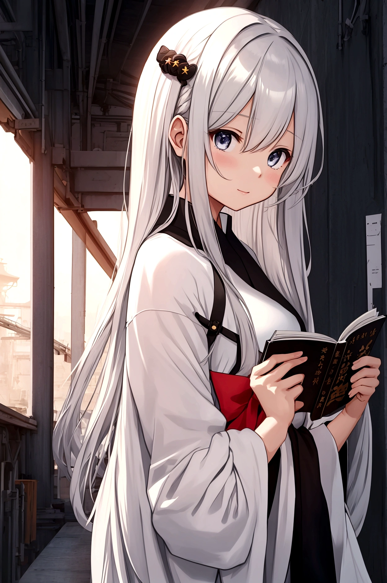 Please draw a picture of a cute girl。My hobby is reading。Hair is semi-long。