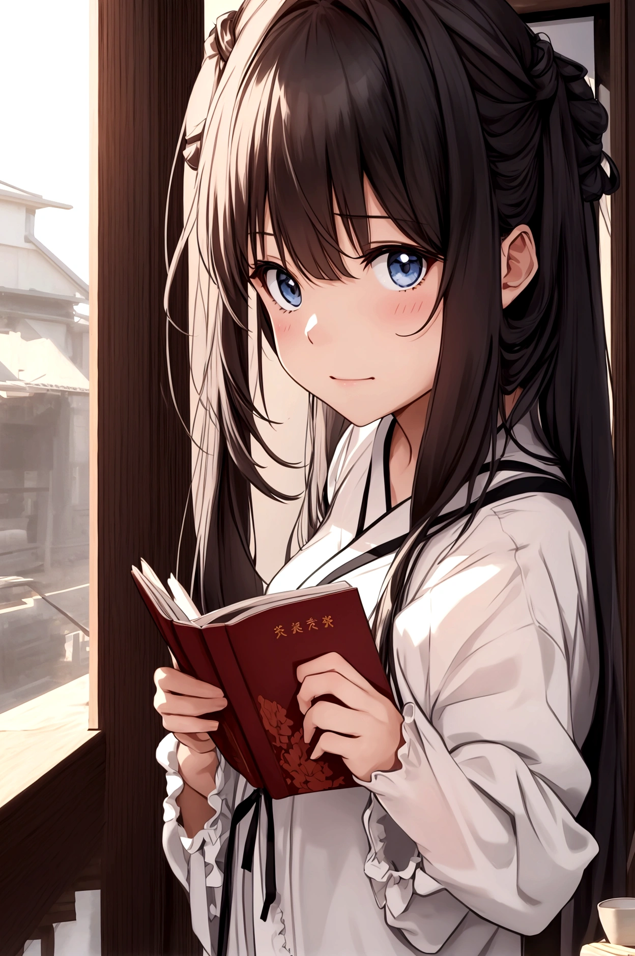 Please draw a picture of a cute girl。My hobby is reading。Hair is semi-long。