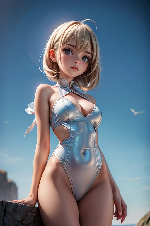 a ground-dwelling woman with speckled complexion, silky clothing, and a commanding aura, she has an inscribed, emblematic ornament that glimmers, set against a haze and transparent figures, render her with a fervent, horizon-gazing look, amidst an enigmatic, intensely colored, and warped scenery