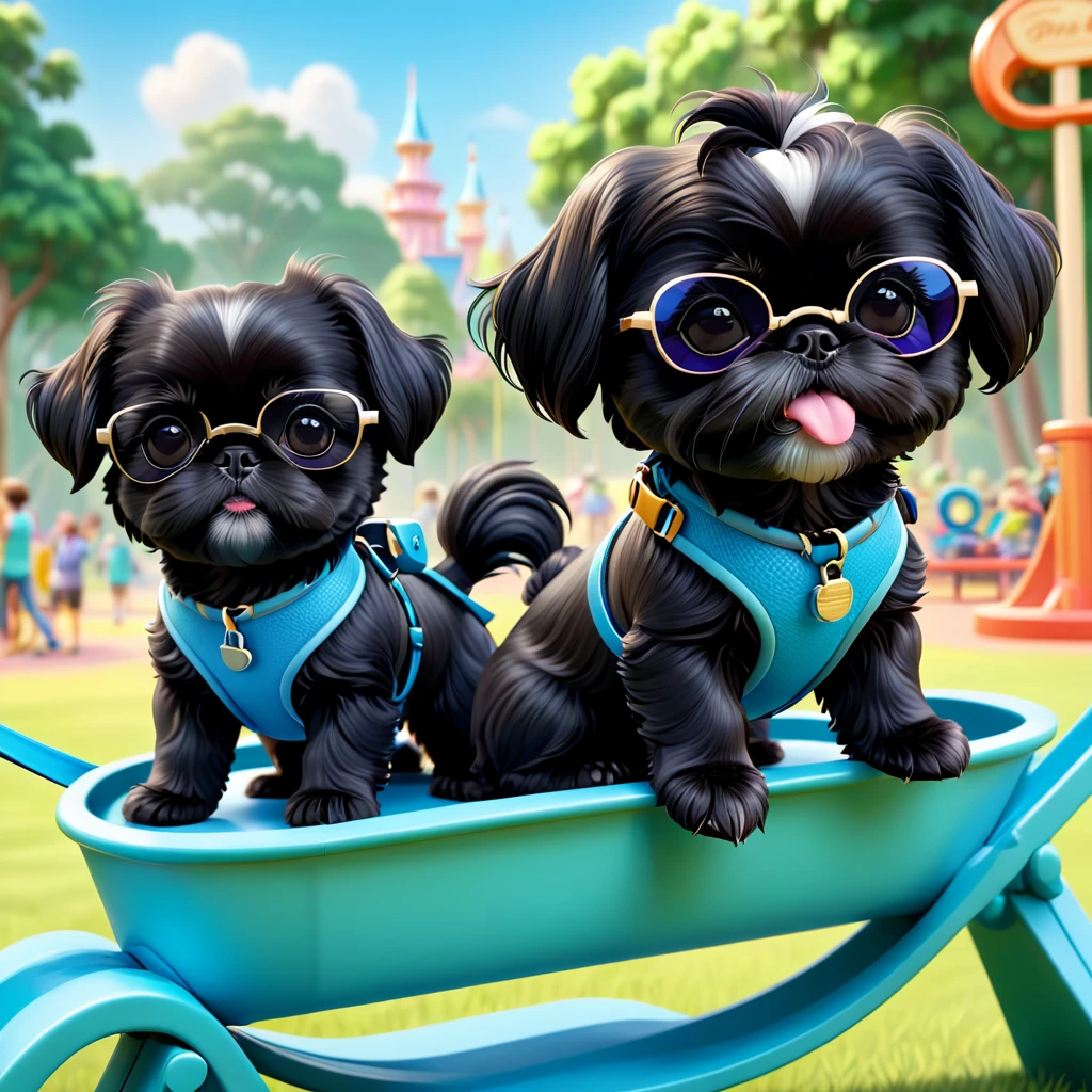 2 Adorable small black Shih Tzu puppies wearing sunglasses zipline at dog park Disney background 3d cartoon 3d render disney pixar style