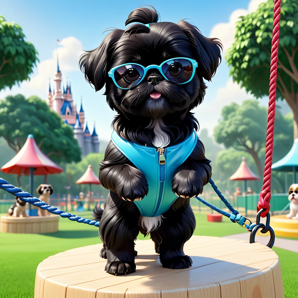 2 Adorable small black Shih Tzu puppies wearing sunglasses zipline at dog park Disney background 3d cartoon 3d render disney pixar style