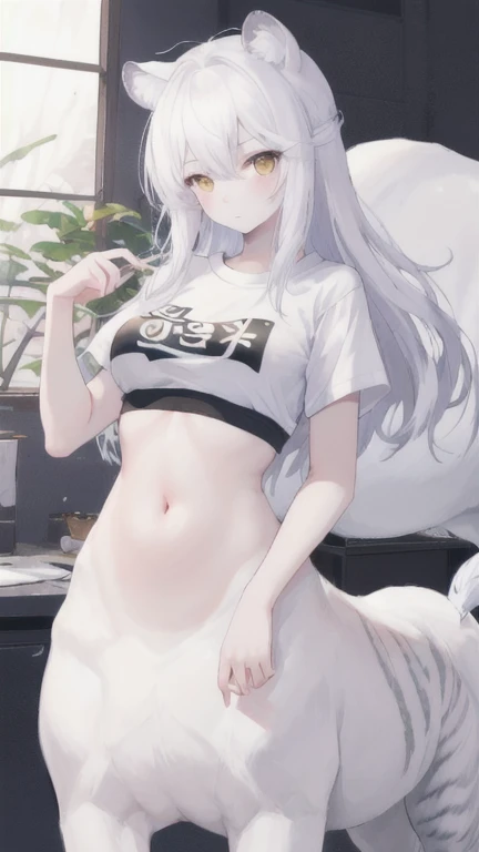 (best quality, masterpiece), 1 girl, centaur, It takes, White skin, Korean , exposing the abdomen,belly button t-shirt, 아름다운 소녀 perfect white tiger photo, perfect white tiger photo