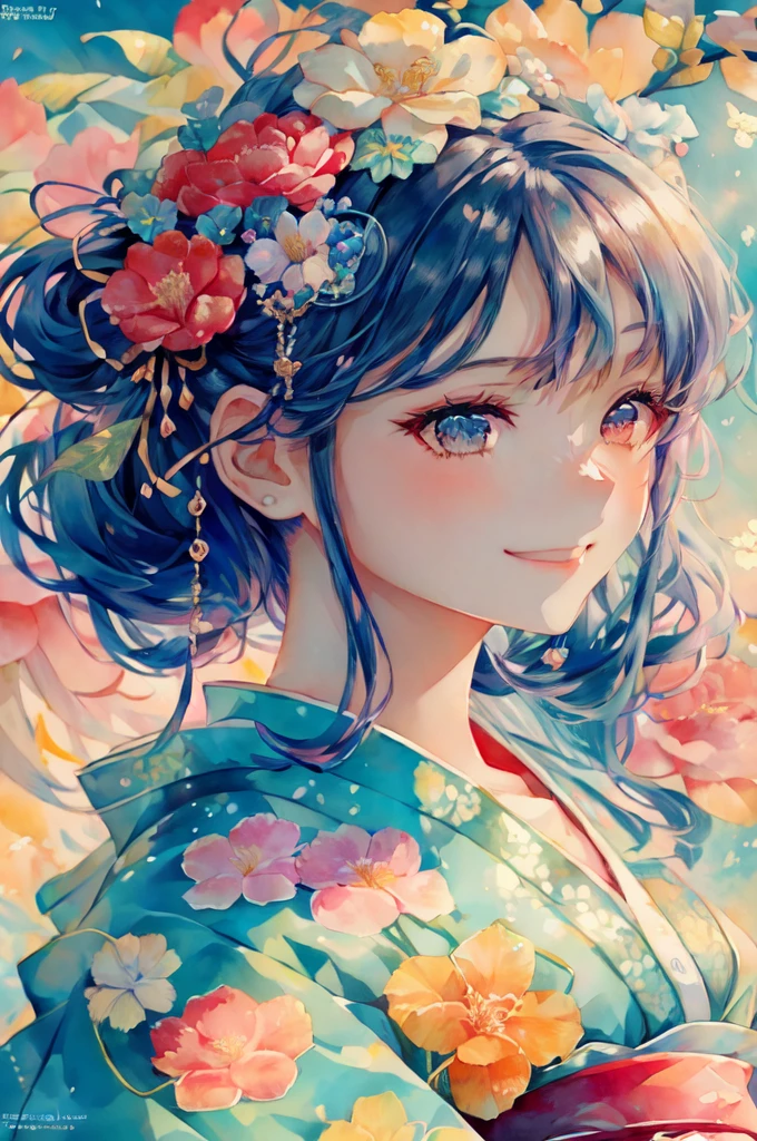 anime smiling girl with blue hair and flowers in her hair, beautiful anime portrait, digital anime illustration, beautiful digital artwork, a beautiful artwork illustration, beautiful digital illustration, stunning anime face portrait, detailed digital anime art, anime styled digital art, digital anime art, detailed portrait of anime girl, anime digital art, anime style 4 k, trending on artstration