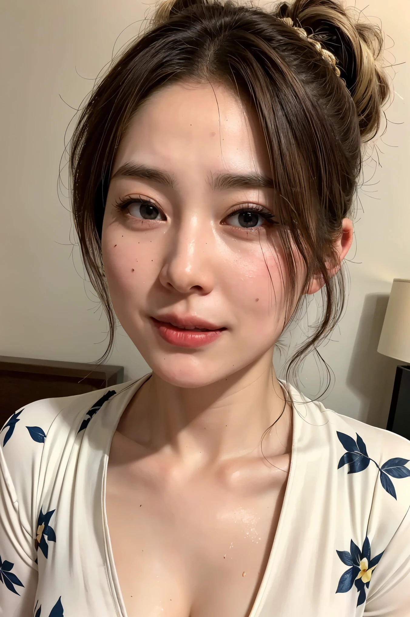 (Realistic:1.3、Ultra HD、Ultra-high resolution、8K、Japanese Housewife、寝室でBlowjobチオをするMature Woman:1.5、At the bed)、((Look Viewer:1.8))、(Extremely realistic skin texture:1.4)、(Realistic:1.3)、short hair、((Embarrassed expression:1.5))、(blonde:1.5)、48-year-old woman、Mature Woman、Ponytail Hairstyles、(Brown eyes:1.3)、(Face close-up:1.38)、(Sweaty:1.2)、(Nipplesを見せる)、((衣服から突き出たNipples,))、dress、美しいNipples、Nipples、(Shooting from the side:1.1)、Drooling、((Facial:1.4、Blowjob、Facial ejaculation:1.4、Bukkake))