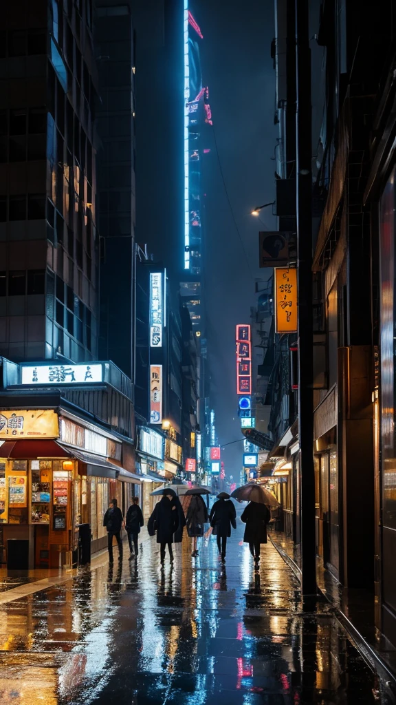 A rain-soaked sidewalk City of night