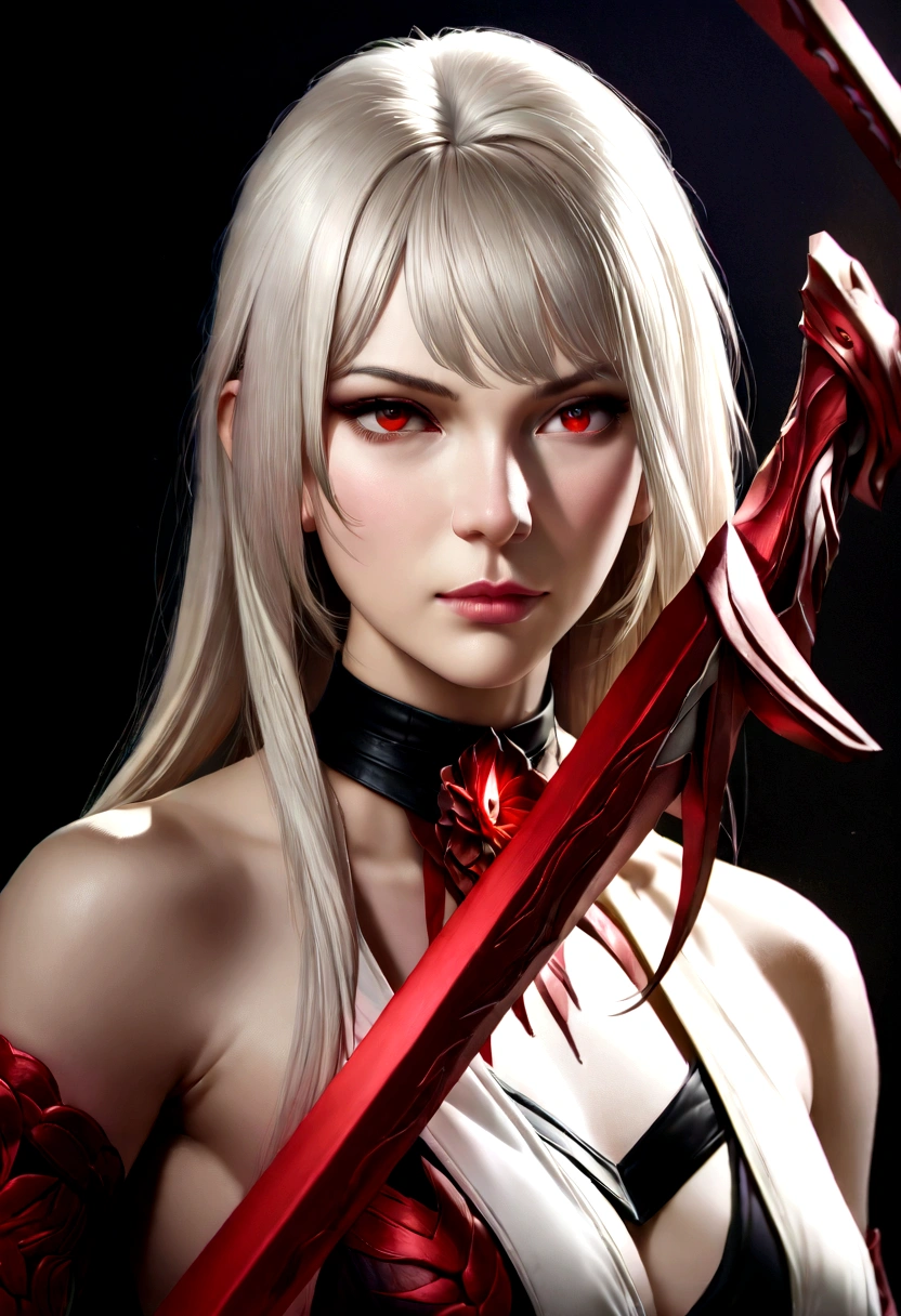 a woman with white hair with red streaks, a neutral facial expression, detailed red eyes, holding a large red sword, (best quality,4k,8k,highres,masterpiece:1.2),ultra-detailed,(realistic,photorealistic,photo-realistic:1.37),portrait,fantasy,dramatic lighting,intricate details,hyper detailed,cinematic,vibrant colors,dramatic pose,strong lighting,dark shadows,red and white color scheme