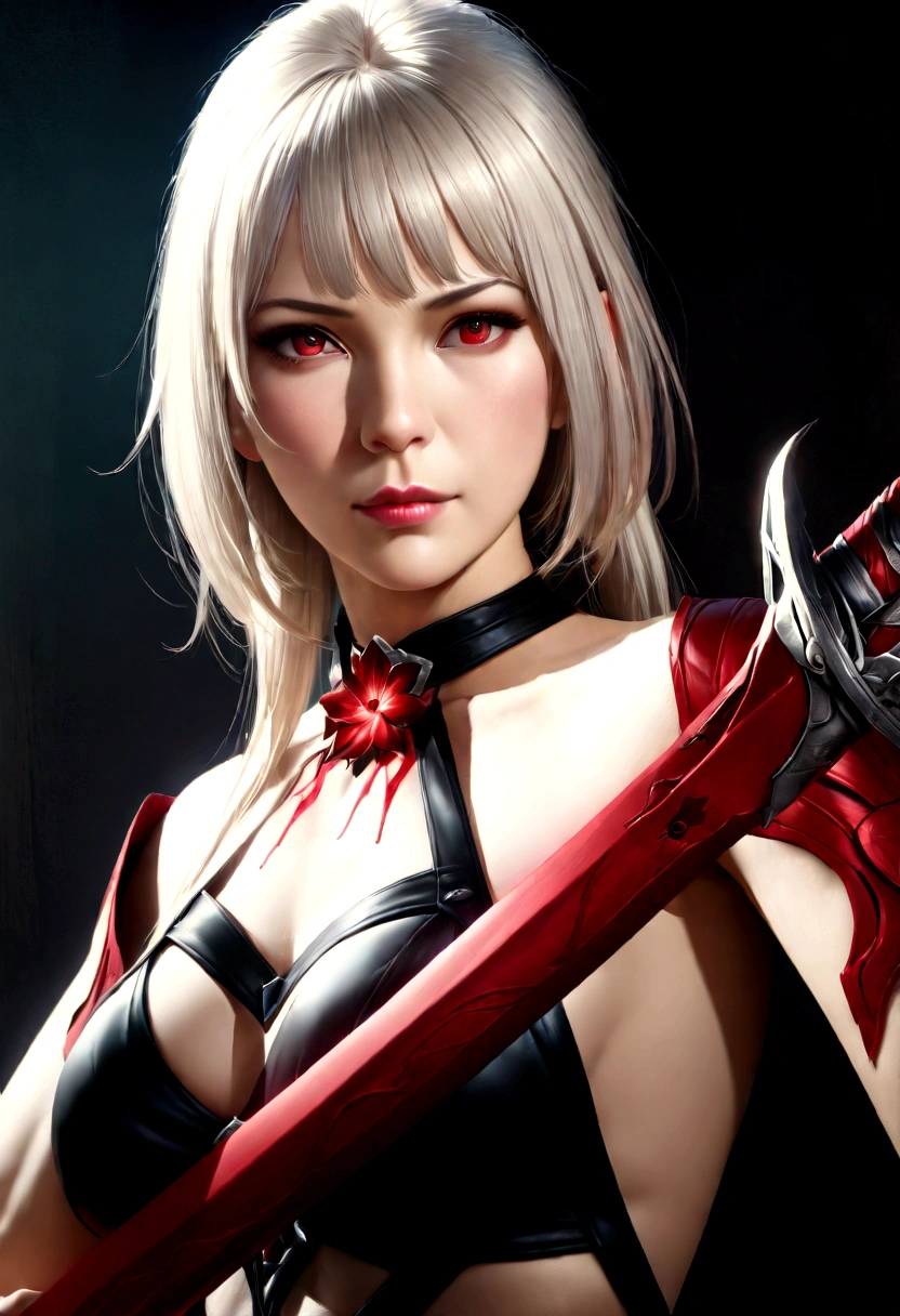 a woman with white hair with red streaks, a neutral facial expression, detailed red eyes, holding a large red sword, (best quality,4k,8k,highres,masterpiece:1.2),ultra-detailed,(realistic,photorealistic,photo-realistic:1.37),portrait,fantasy,dramatic lighting,intricate details,hyper detailed,cinematic,vibrant colors,dramatic pose,strong lighting,dark shadows,red and white color scheme