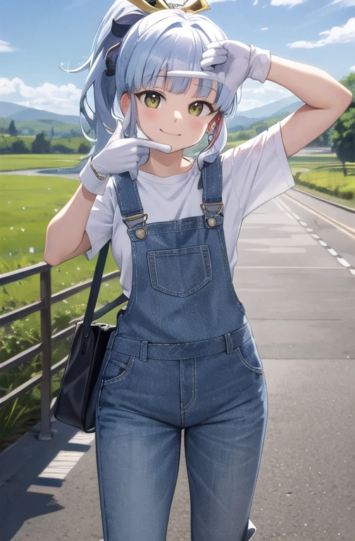 (masterpiece, best quality, detailed), 1girl, solo, kamisato_ayaka, blunt bangs, long hair, ribbon, hair ornament, sidelocks, hair ribbon, ponytail, mole under eye, white hair, looking at viewer,
overalls trousers, short sleeves, white gloves, green shirt, outdoors, house, rural, village, scenery, path, river, bridge, smile, closed mouth,  finger frame