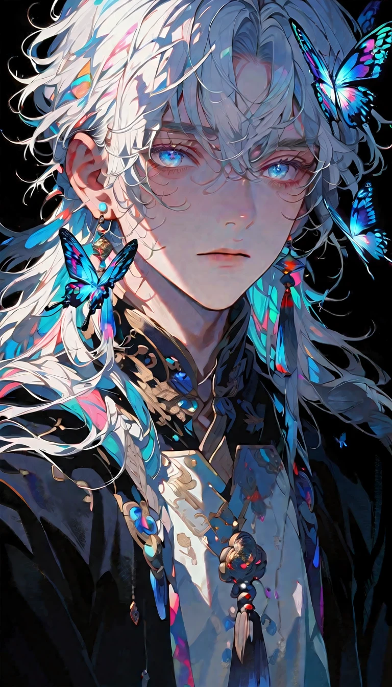 masterpiece, Male focus, 1 boy, solitary, White hair, tassel earrings, tassel, Jewelry, earrings, black background, blue eyes, Long hair, crystal, Butterfly, Upper Body,  Colorful hair，Pearlescent Rose，Personal，The eyes are depicted in great detail