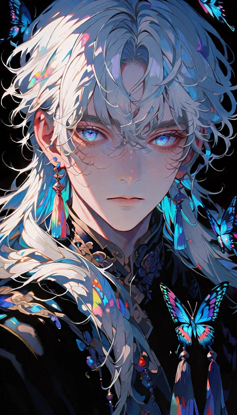 masterpiece, Male focus, 1 boy, solitary, White hair, tassel earrings, tassel, Jewelry, earrings, black background, blue eyes, Long hair, crystal, Butterfly, Upper Body, Colorful hair,Pearlescent Rose,Personal,The eyes are depicted in great detail