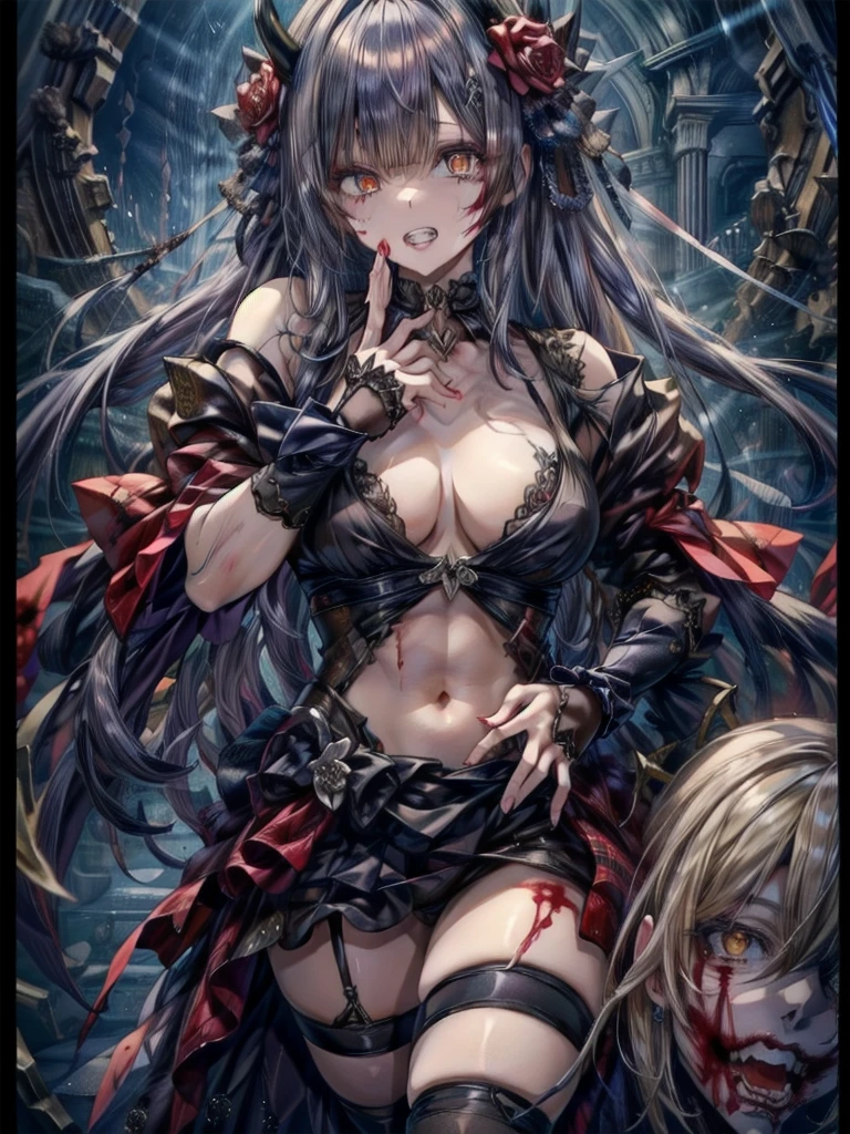 Crazy Smile, 狂ったeye, A cute and luxurious hair band,(masterpiece:1.2, Highest quality), (Actual Photos, Intricate details), (1 female, alone, Upper Body, all breasts) ,Scary atmosphere、Distorted facial expressions、Horror Art、Bloodの雨、Bloodを流す、Bloodしぶき、悪魔のeye、redいeye、scar、、火scar、whole body、Torn hair of a woman dressed in slave clothing、(Long Hair)、(eyeにかかる長さの前髪)、、Black Hair、(((eyeの下のクマ)))、青白いskin、Feeling unwell、Pathological、邪悪な笑face、狂ったeye、(Grin)Dramatic makeup,Create mixed media art、White Background(zombie:1.2),Horror 1 Girl, Open_mouth, , red_eye, Blood, Tilt_red_skin, bandage, Injury, Blood_in addition_face, bandageを巻いた_arm, Blood_in addition_zombie, Blood_in addition_hand Delicate features,disaster々new devil horns , Open your eyelids wide, The trend is all,Crazy Smile, mouthを大きくOpen, mouthを開けてteethをむき出しにする,獣のような鋭いteeth, Wide lips, 非常に広いmouth, Vermilion cheeks, blonde, Princess Cut, Ribbon hair ornament, brooch, Shiny candy blue dress, Gold embroidery,ta Style, Gothic style, Facing the audience, Otaku Room, Well-built body, Nice body, Ample breasts, Thick body,eyeを大きく開いて、Scary atmosphere、Distorted facial expressions、ねじれた笑face、Bloodまみれの、頭からの出Blood、Bloodしぶき、whole body、Long Hair、Long bangs、(((eyeの下のクマ)))、青白いskin、Feeling unwell、Pathological、邪悪な笑face、狂ったeye、(Grin)Dramatic makeup,Create mixed media art,Well-built,Nice body,Broad shoulders,I focus,(face),Messy Hair,いeye,(光るeye),(Bloodしぶき:1.6),red信号,笑face,big 笑face,teeth,psycho 笑face,gesugao,Dark city background,darkness,night,(close),良いeye, 良いteeth,サディスティックな笑face,,all,光沢のあるskin,詳細なface,Beautiful body,whole body油まみれで光沢感がある whole bodyから湯気が出ている Steam like a sauna room fills the screen... mouthからの白い息 Luxurious lace long gloves