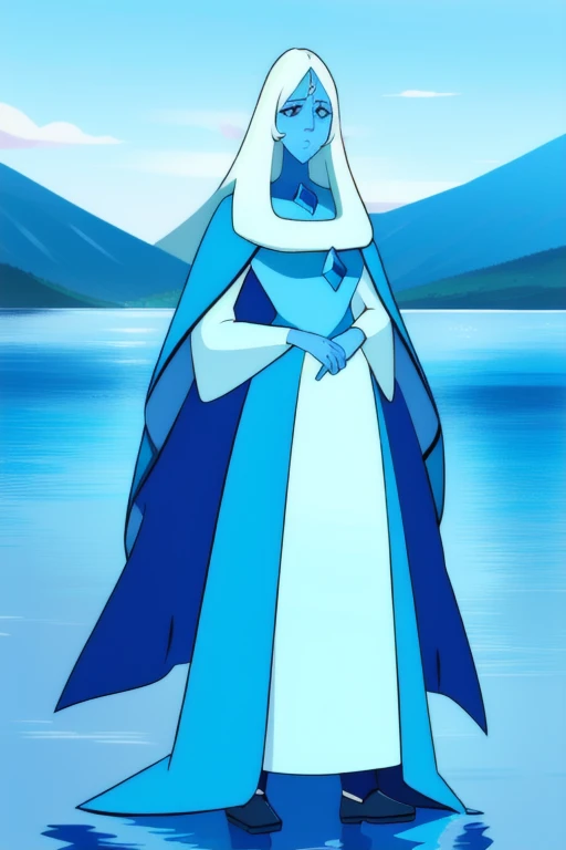 (8k) (high res) (best quality) (masterpiece) blue_diamond, white hair,long hair, blue skin,colored skin, blue eyes, gem, blue dress, long skirt, lake, blue cloak, cape