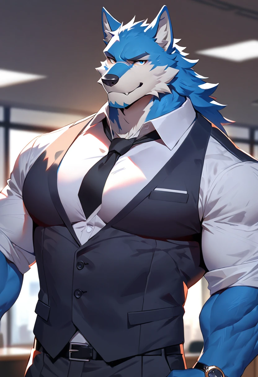 fenrir, wolf, 1boys, male, solo, dark blue fur, muscular, big tits, pecs, cool face, body scars, middle aged, office attire, black tie, standing, front angle, office background