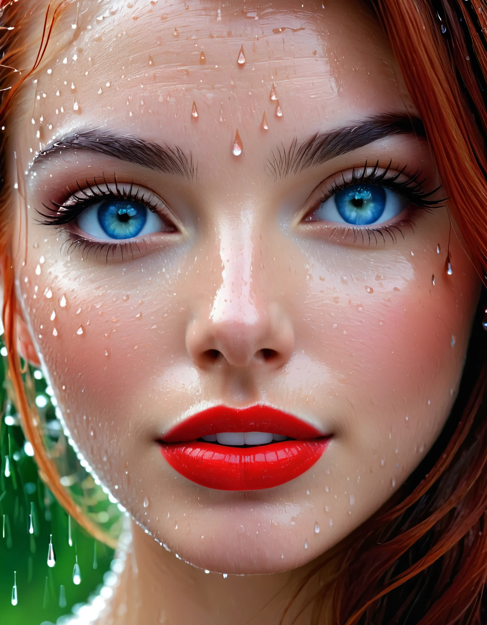 Subject/Theme: Extreme closeup shot of a beautiful woman's face.
Style: Extreme Closeup Shot
Scene Description:
Ambiance: Mid-day with rain falling
Weather Condition: Rainy
Camera Shot Type: Extreme Closeup
Camera Lens: EE 85mm for detailed facial features
Additional Details:
Model's Features: Red hair, blue eyes, red lipstick
Facing: Directly towards the camera
Lighting: Natural mid-day light, enhanced by the raindrops
Rain Detail: Visible raindrops on the woman's face, capturing the essence of the rainstorm
Expression: Captivating and perhaps reflective of the rain's mood
Keywords for Detail and Resolution:
Extreme Closeup, High Detail, Sharp Image, Rainy, Mid-day, EE 85mm, Blue Eyes, Red Lipstick, Natural Lighting