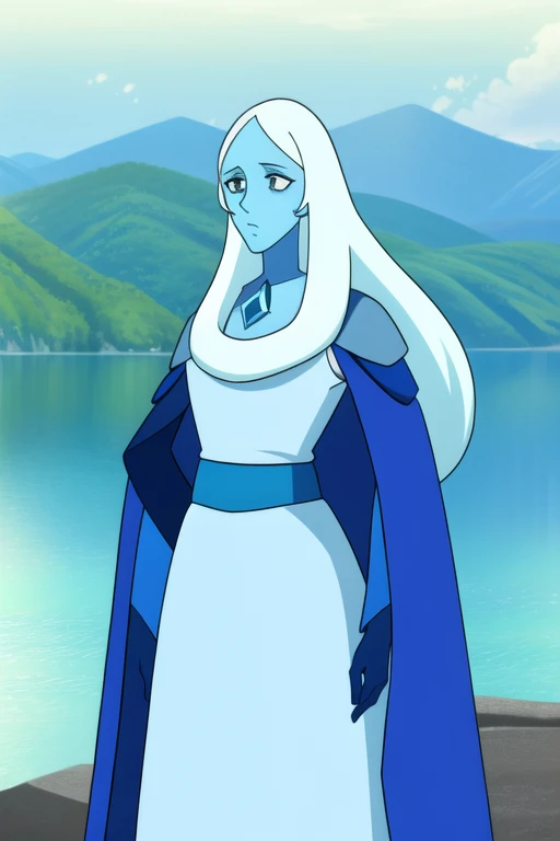 (8k) (high res) (best quality) (masterpiece) blue_diamond, white hair,long hair, blue skin,colored skin, blue eyes, gem, blue dress, long skirt, lake, blue cloak, cape