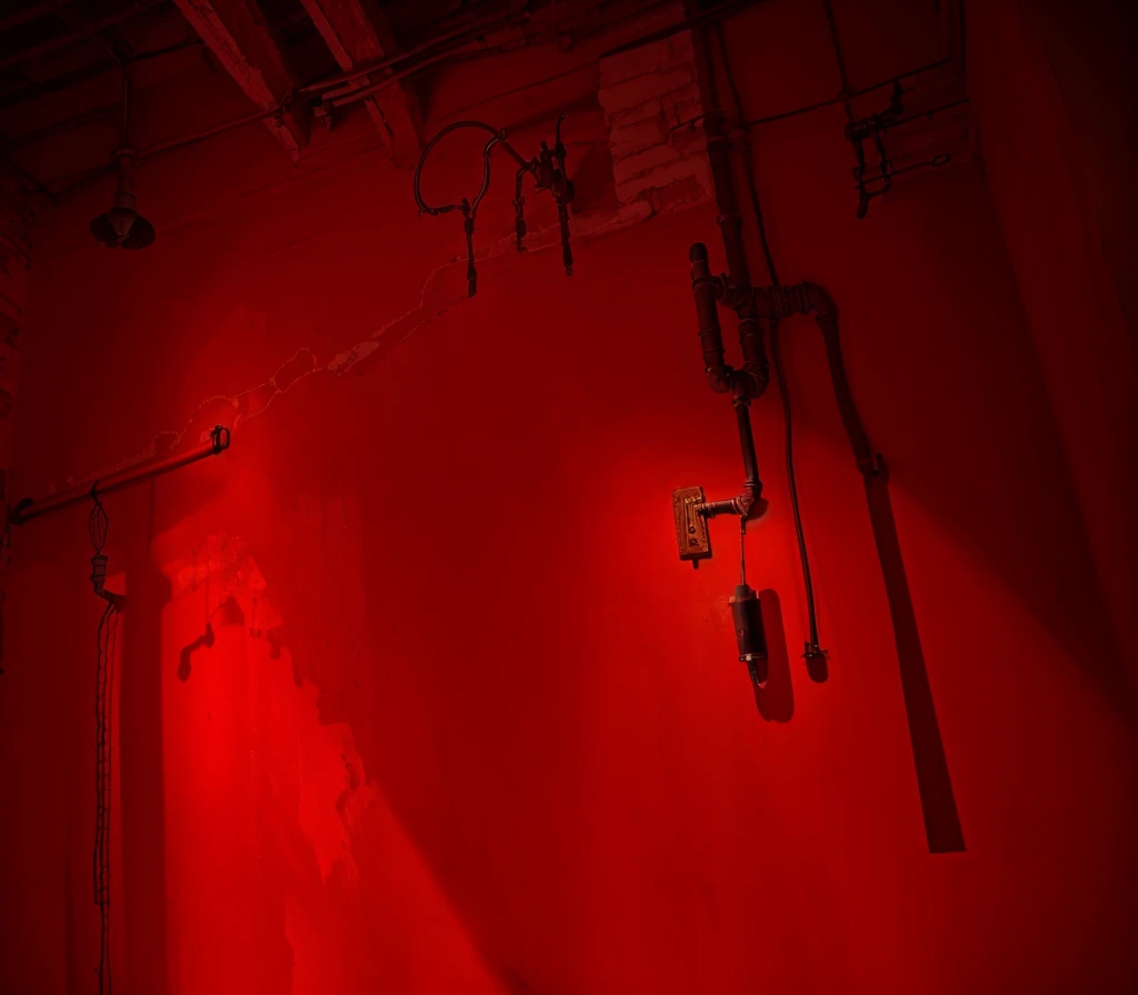 indoors,Old walls and water pipes,{{red theme}},{dim},dungeon,SM tools hanging on the wall