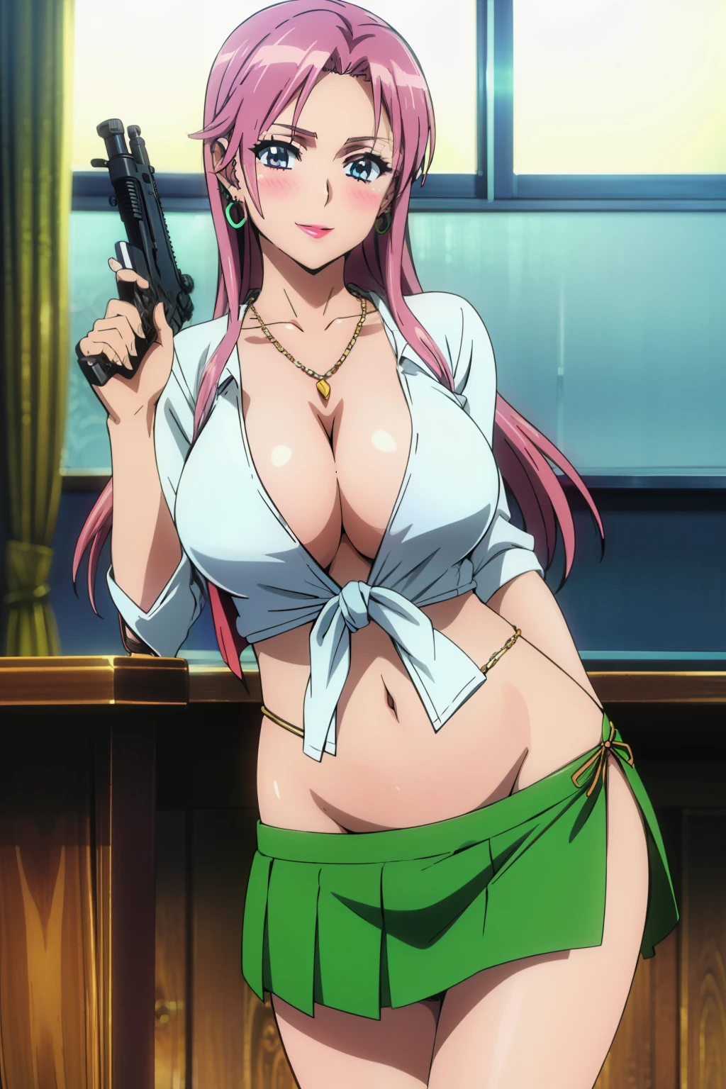 elise, mature woman, 25 yo, anime cels style, 1girl, beautiful face, long hair, blush, lipstick, masterpiece, best quality, ((unbuttoned , cleavage, necklace, earrings, sexy body,
breasts)) , micro skirt, smiling, navel , exposed belly, exposed navel,school, knot,
classroom , holding a gun, hold a gun
