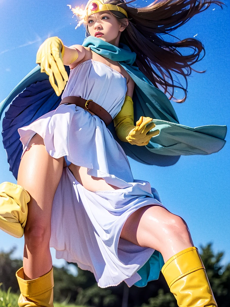 sage_(dq3), 
(squatting), (the vast grasslands:1.6), (strong wind blows up dress:2.0), (reveals panties:2.0), 
(long_blue_hair), (small_breast), (cleavage), (nipples), (bare_shoulders), 
(circlet:1.6), ((yellow_gloves:1.6)), (white_dress:1.8), (belt_bag:1.6), (blue_cape:1.6), (yellow_knee-high_boots:1.6), (frilled_pink_panties:1.6), 
(holding a wooden long staff), 
(cowboy shot), (blue sky), (from below), 
detail face, (photorealistic:1.4), ultra high res, best quality, ((detailed facial features)), 8k resolution,
