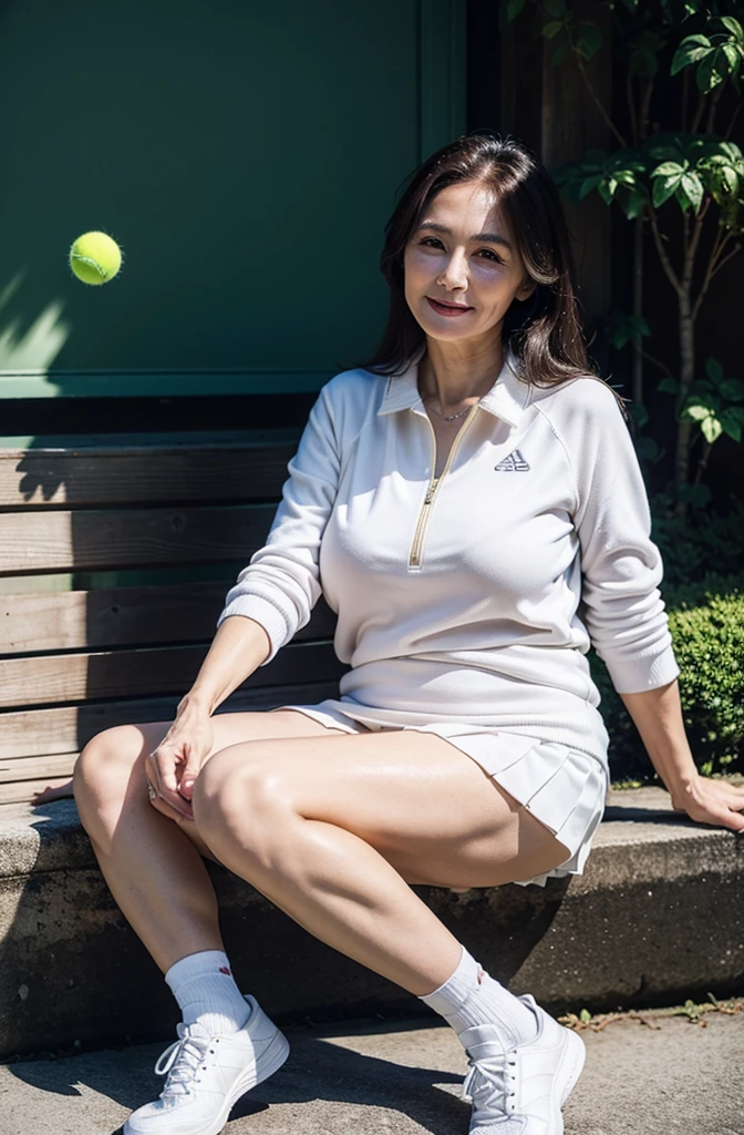 (masterpiece:1.4),(65-year-old woman:1.5),(Facial wrinkles : 1.2), (long hair), (gentle smile : 1.2), maternal, Mature Woman, (tennis wear : 1.1), (pleated very-short-skirt : 1.1), (white socks and white shoes : 1.1), (pale white skin : 1.1), acnes, (plump thighs : 1.2), (upper body is skinny : 1), (beautiful calf : 1), wide hips, small saggy breasts, bright lighting, sitting, tennis coat, (Focus on the feet:1.1)