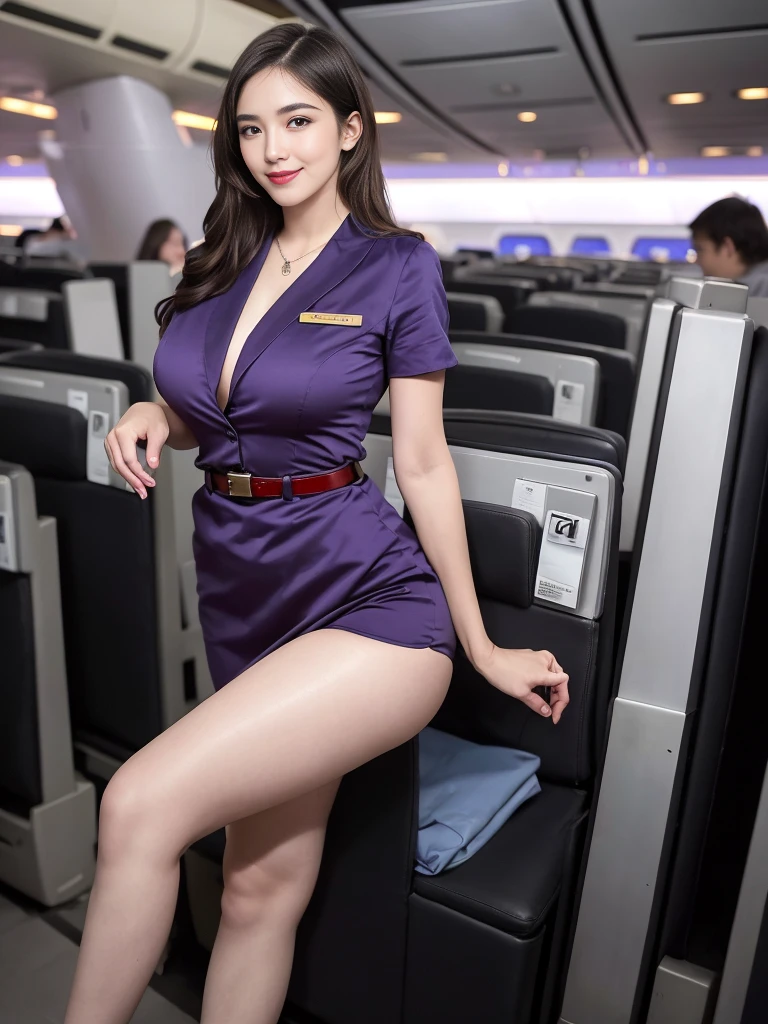 masterpiece, high-detail, the most pornographic airline stewardess in the world, ((pornographic)), in air purple hostess costume, brunette long hair, bob hairstyle, legs, ((( huge Breasts 1.9))) thick thighs,wide hips, Air hostess dress, slim body, smile lips, ((air hostess)) (UHD, 8K wallpaper, High resolution), Cinematic lighting, physically-based rendering, award-winning, extremely detailed skin, extra detailed face, high detail eyes, Carl Zeiss 85 mm F/1.4, by Ellen von Unwerth