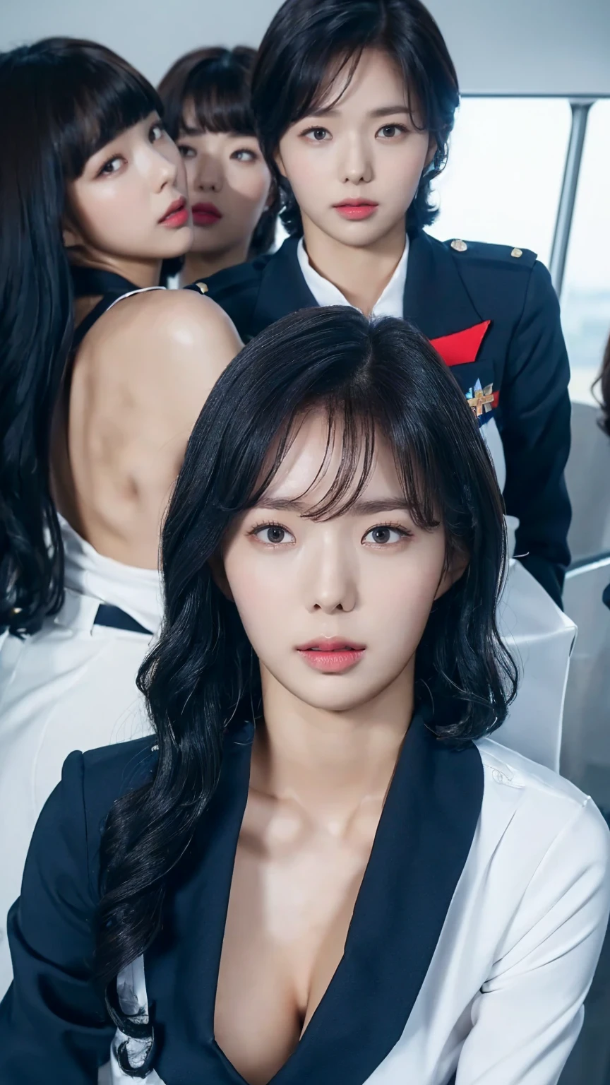(((sexy crop dark blue flight attendant uniform with heels))) (((half body three girl foto))), detailed skin, ((asia white skin color)), detailed skin, big breasts, slim body, gigantic breasts, Slim Waist, 4K resolution,((pursed lips)) (((short hair BLACK wavy bangs thick hairstyle))) ((white skin)) ((extremely detailed face)) ((extremely detailed eyes))  (((sexy body pose)))  ((outdoor background at luxury plane, passangers etc)) (((looked on camera))) look camera, ((sixpack woman)) ((model posture)), face extremely detailed, full body color photo of a 22 y.o girl, beautiful face, beautiful eyes,  ((skin details, high texture)), hand fix, finger fix, nails fix, realistic hand wrinkles, realistic eyes, octane render, simetris eyes.