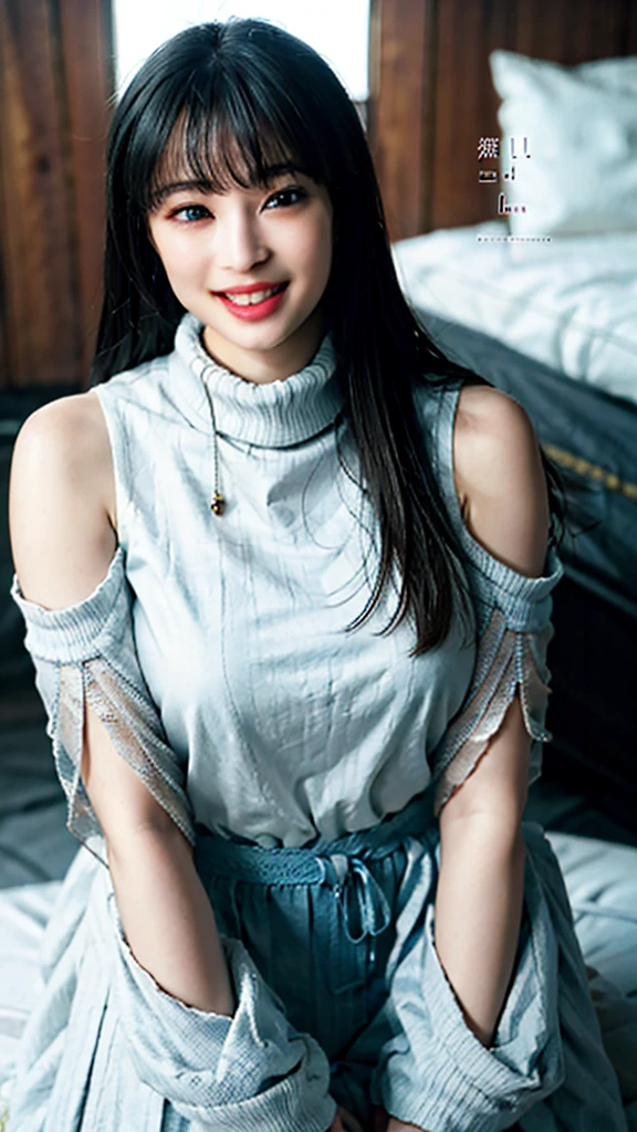 Highest quality,8K,High resolution、Mystical Eyes、Fair skin、Very sexy、goddess、Large Breasts、Blur the background、smile、laughing、Provocative face、alone、Shiny Hair、Super super long hair、I have a protruding belly、Plump、Voluptuous、Indian、Pompadour、Off-the-shoulder sweater、White off-the-shoulder knit、Has bangs、Bangs fall on the forehead、